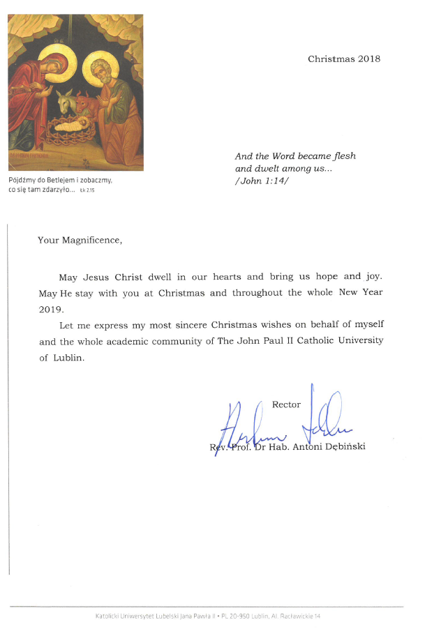 Christmas Wishes from the Rector of the JPII Catholic University of Lublin